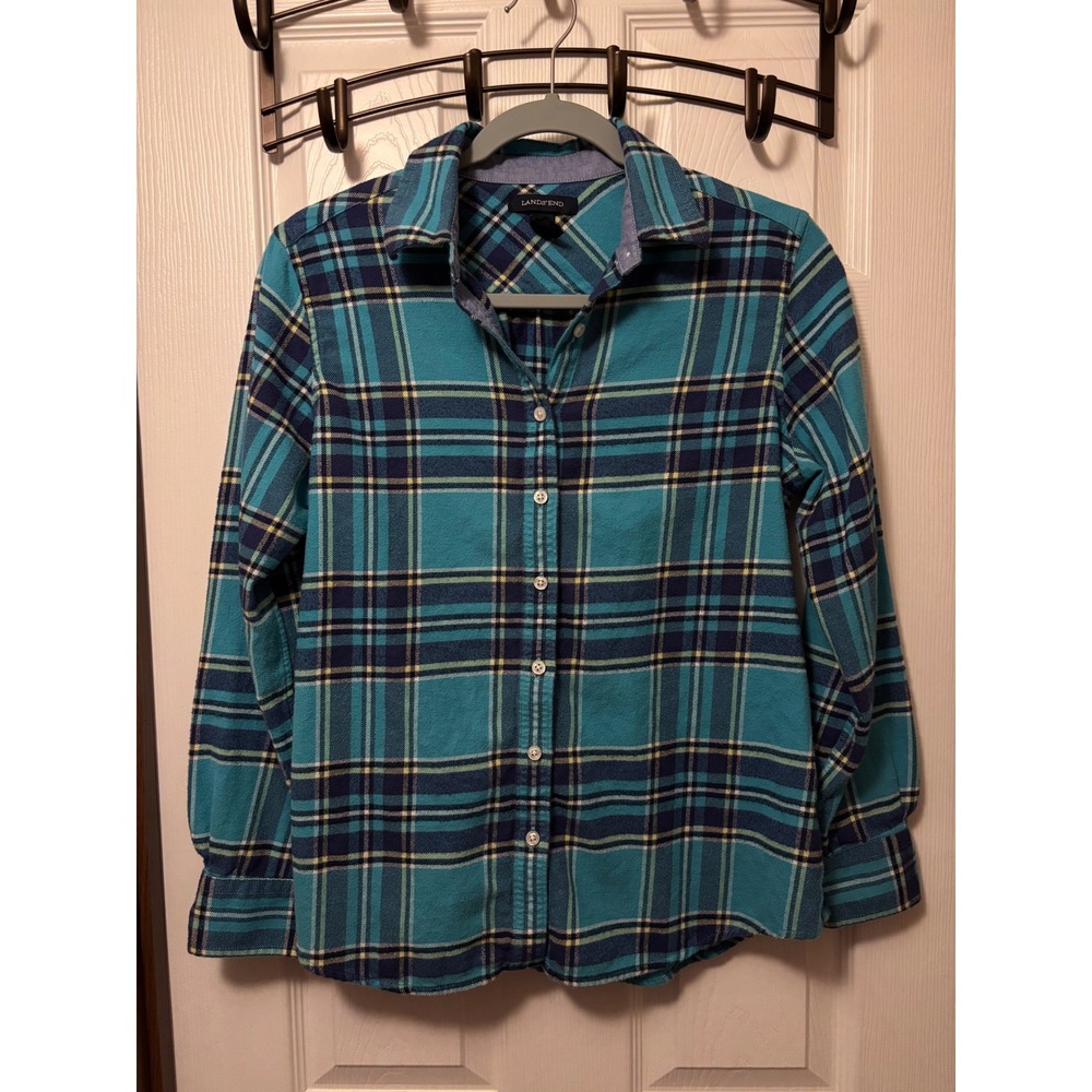 Lands End Womens Small 6-8 Flannel Shirt Teal Blue Plaid Cotton Button Down